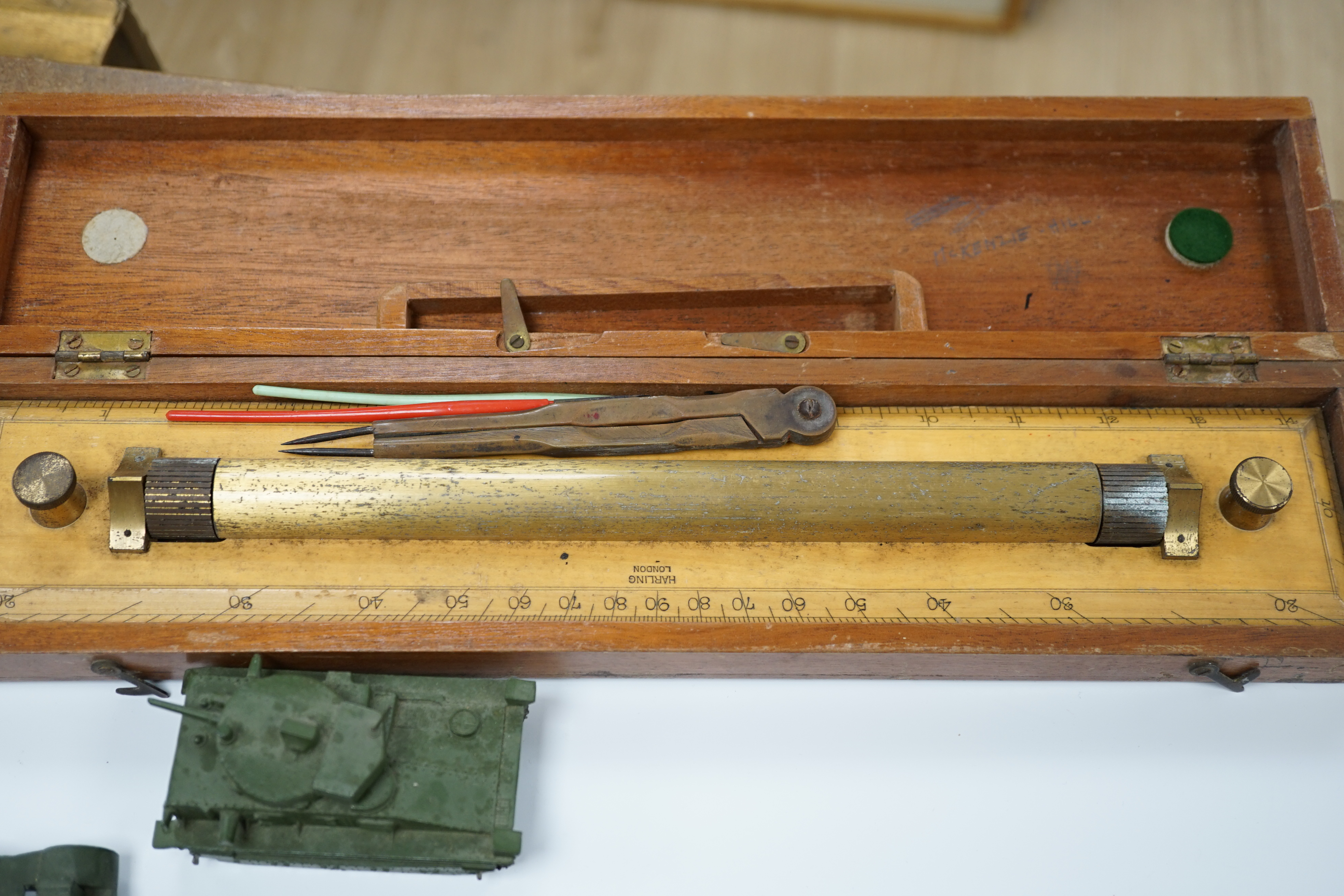 Sundry items including Starrett depth micrometer, two cut throat razors and two Dinky military toys